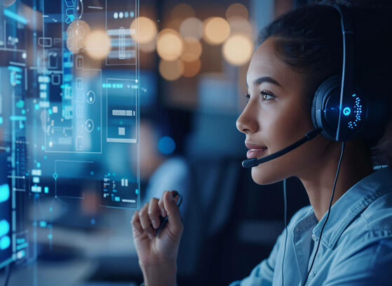 Customer service visuals with headsets and support icons, representing AI capabilities and quality assurance in contact center testing.