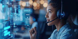 Customer service visuals with headsets and support icons, representing AI capabilities and quality assurance in contact center testing.