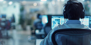 Rear view of a man wearing a headset, working at a call center and speaking with a customer.