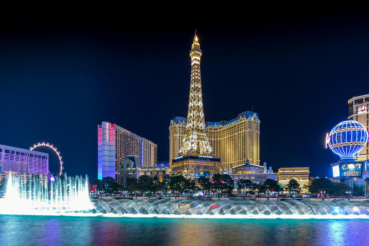 Eiffel Tower and fountain during night time in Las Vegas, USA