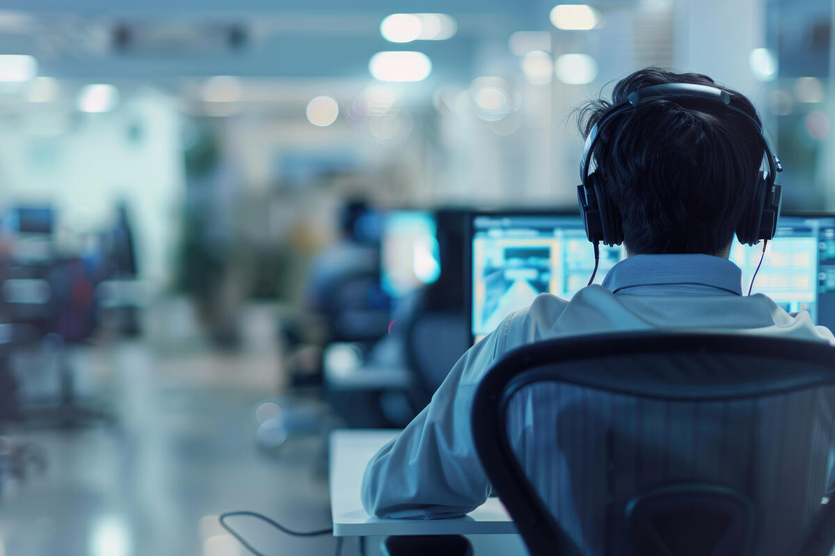 Rear view of a man wearing a headset, working at a call center and speaking with a customer.