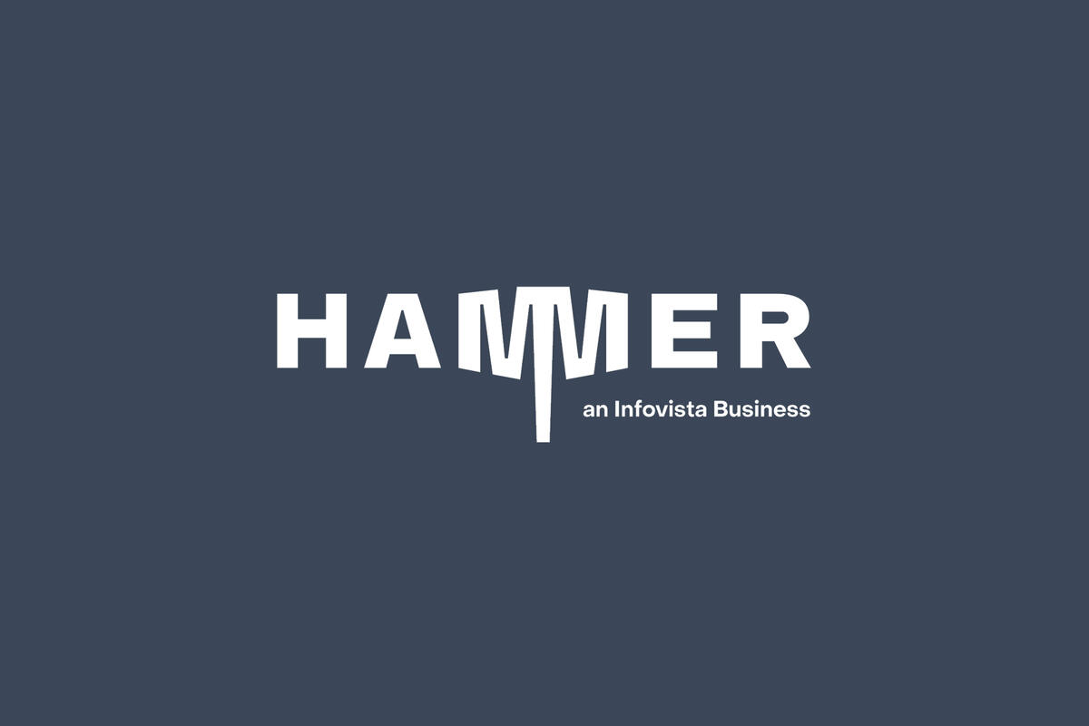 Hammer logo displayed on Infovista blue background, showcasing updated brand identity.