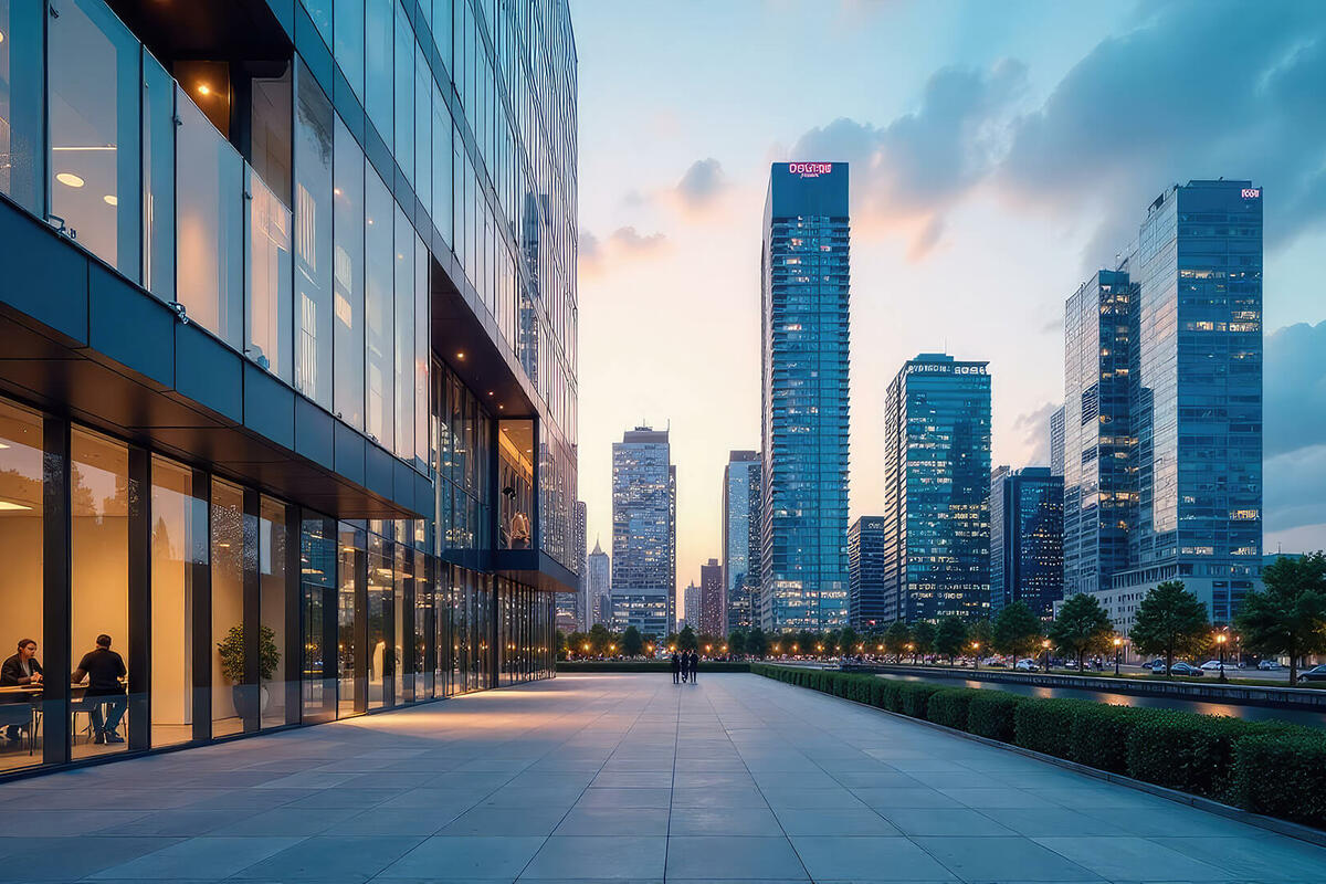 Exterior view of a modern glass and steel office building set against a city skyline.
