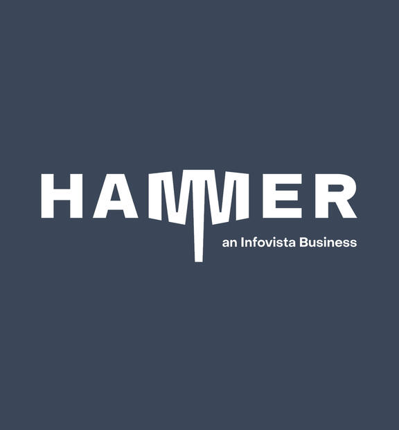 Hammer logo displayed on Infovista blue background, showcasing updated brand identity.