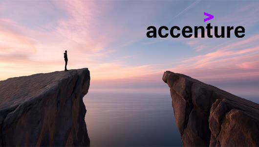 Silhouette of a person standing on edge of a cliff overlooking a gap to another cliff with a serene ocean and colorful sunset background. Accenture logo in the sky.