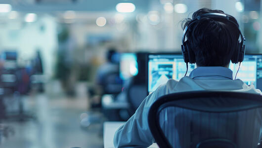 Rear view of a man wearing a headset, working at a call center and speaking with a customer.