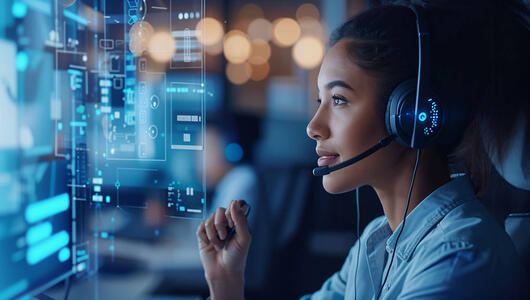 Customer service visuals with headsets and support icons, representing AI capabilities and quality assurance in contact center testing.